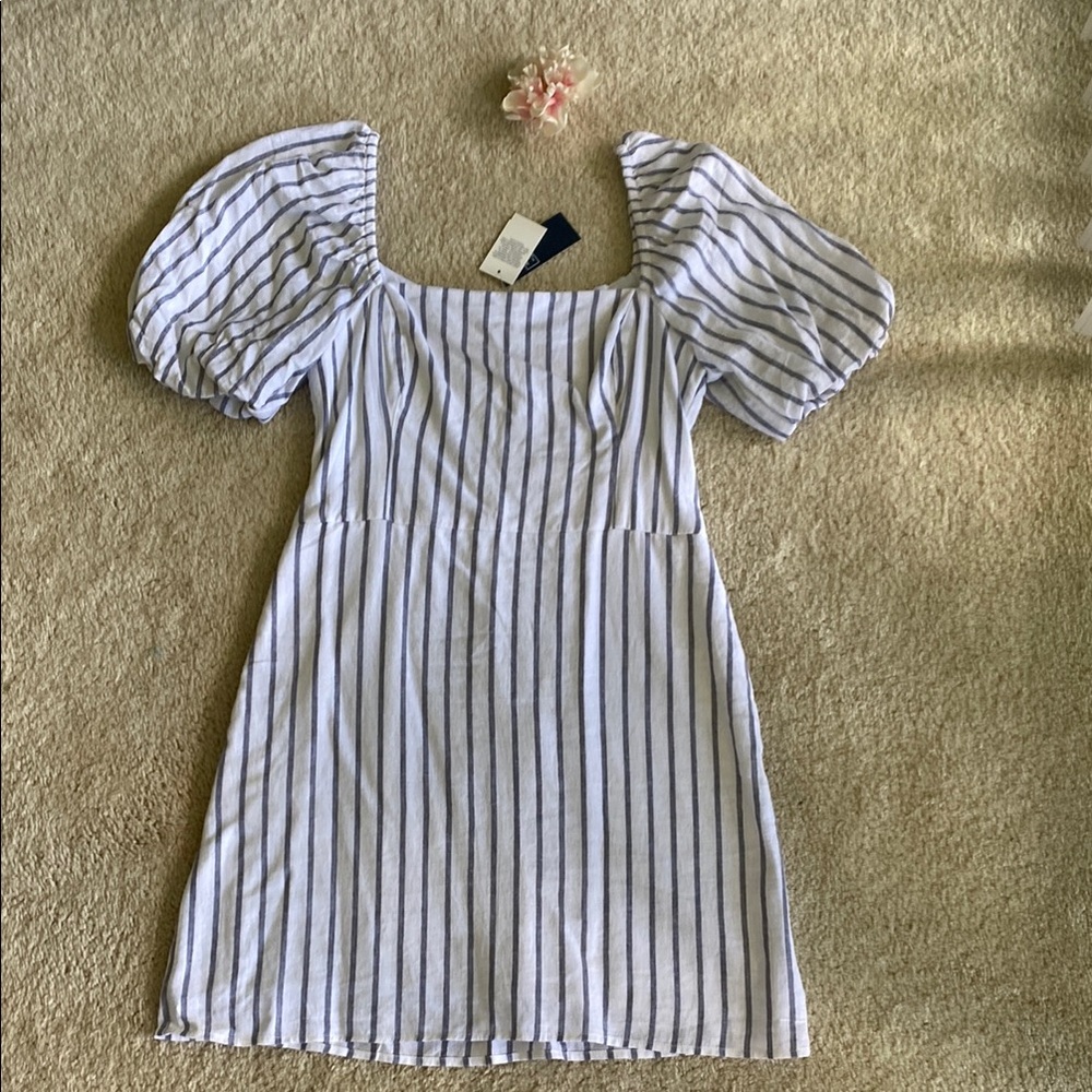 Abercrombie & Fitch linen blend puff sleeve Striped Dress, M, NWT